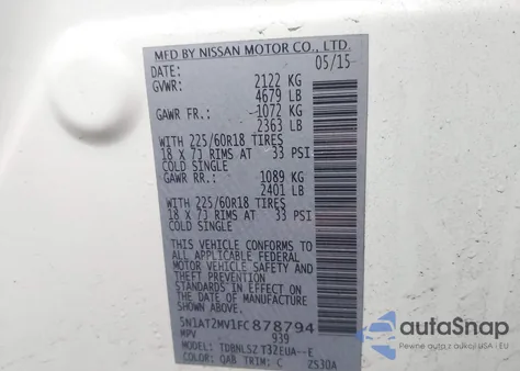 2015 Nissan Rogue Sl из США, поврежденный, VIN 5N1AT2MV1FC878794